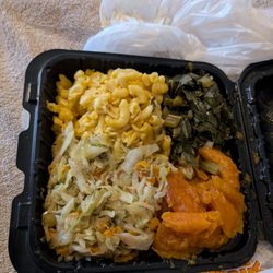 Cutter's Jamaican Restaurant - Veggie plate: Mac and cheese, collard green, yams, cabbage