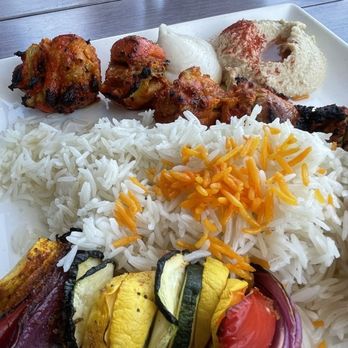 Sotta - Boneless Dark Meat Chicken Kabob with rice and roasted veggies! - Mediterranean Near Me - Burbank, California Sotta - Boneless Dark Meat Chicken Kabob with rice and roasted veggies! - Mediterranean Near Me - Burbank, California