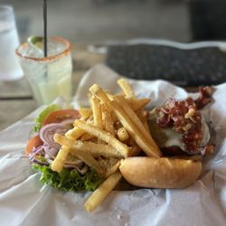 Workhorse Bar - Burger with jalepeno jack and bacon, well done with Parmesan fries.