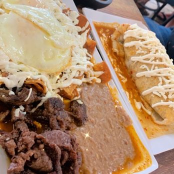 Fonda Maria - Chilaquiles with salsa roja and carne asada wet burrito. - Mexican Near Me - Downey, California Fonda Maria - Chilaquiles with salsa roja and carne asada wet burrito. - Mexican Near Me - Downey, California