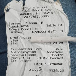 Mac's Grill - Our check to show our times  from when order was put in and we left taking half our food with us.