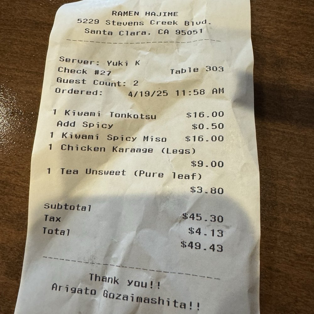 Ramen Hajime - Price of two people, worth it - Ramen Near Me - Santa Clara, California Ramen Hajime - Price of two people, worth it - Ramen Near Me - Santa Clara, California