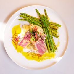 Prime Bistro Wine Bar - Blackened Ahi Tuna, Grilled Asparagus, Carolina Gold Rice, Citrus-Basil Emulsion