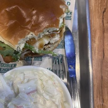 Proof’s Hoosier Icehouse - Fish fillet  ( beer batter, hand dipped) sandwich and coleslaw. - American Near Me - Lawrenceburg, Indiana