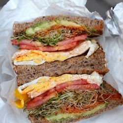 #7 The SoCal ($8.95) - two fried eggs with avocado, sprouts and tomatoes on sliced 7-grain bread