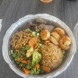 Filet & Shrimp with rice, noodle's & veggies. Filet & Shrimp with rice, noodle's & veggies.