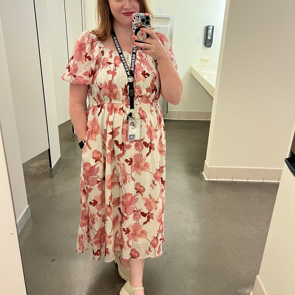 The Guerra floral midi dress in red The rebel Mary Janes in color chalk The Guerra floral midi dress in red The rebel Mary Janes in color chalk