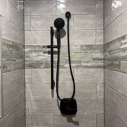 GoldenBoy Tile - Glazed ceramic Shower Tile, Installation. With porcelain wood look subway tile Accent.