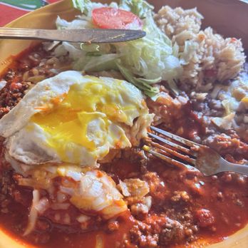 Pepper Pot - Red Enchiladas with ground beef and an egg. - Mexican Near Me - Hatch, New Mexico