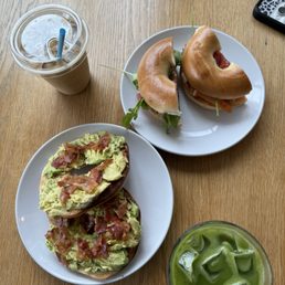 Caramel Latte & Matcha Latte Salmon Bagel & Plain Bagel with Avocado and Bacon Caramel Latte & Matcha Latte Salmon Bagel & Plain Bagel with Avocado and Bacon