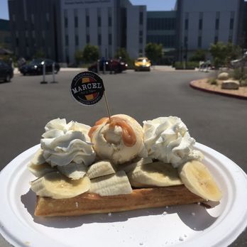 Belgium Waffles - Banana dulce de leche waffle with ice cream and whipped cream - Food Trucks Near Me - San Diego, California