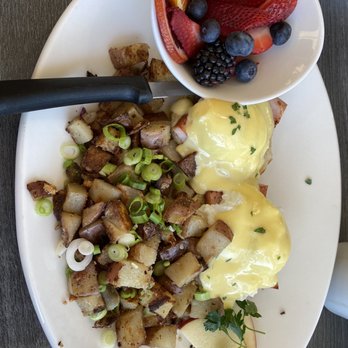 Hot Off The Griddle - Eggs Benedict with fruit dish and country potatoes. - Breakfast & Brunch Near Me - Orangevale, California Hot Off The Griddle - Eggs Benedict with fruit dish and country potatoes. - Breakfast & Brunch Near Me - Orangevale, California