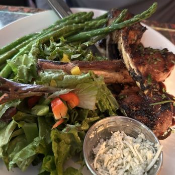 Larrupin Cafe - Lamb Chops, Asparagus, side salad with Gorgonzola on the side. - Seafood Near Me - Trinidad, California Larrupin Cafe - Lamb Chops, Asparagus, side salad with Gorgonzola on the side. - Seafood Near Me - Trinidad, California