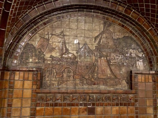 Photo of The Dutch Chocolate Shop - Los Angeles, CA, US. Batchelder tile frieze in rear section beneath groin vault