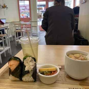 Hanamizuki Cafe - Meal special. 2 onigiri Miso Soup for $16. Tea is peach yuzu tea - Cafes Near Me - New York, New York