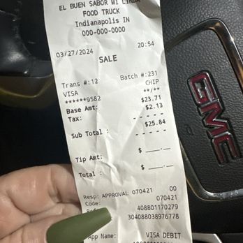 El Buen Sabor Mi Linda - Receipt. - Food Trucks Near Me - Indianapolis, Indiana El Buen Sabor Mi Linda - Receipt. - Food Trucks Near Me - Indianapolis, Indiana