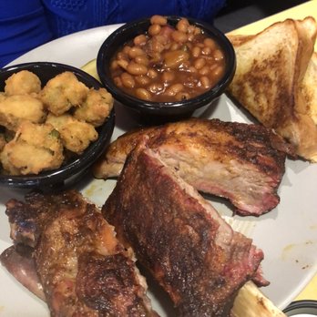 RibCrib BBQ - 3 bones with fried okras and beans - Barbeque Near Me - Wichita, Kansas