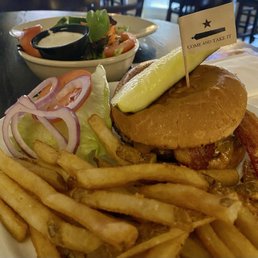 Crockett Burger and a side salad Crockett Burger and a side salad