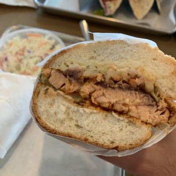 Burien Fish House - Blackened salmon po boy on a perfect roll. - Seafood Near Me - Burien, Washington Burien Fish House - Blackened salmon po boy on a perfect roll. - Seafood Near Me - Burien, Washington