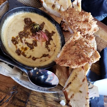 Mash'D - Queso with fried chicken, and pretzel sticks... so yummy! - New American Near Me - Frisco, Texas