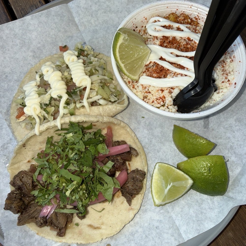Asada taco. Camaron taco. Elotes