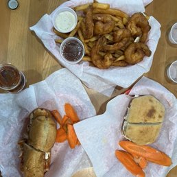 lobster roll ($28) + prawns & chips ($19) + crab sandwich lobster roll ($28) + prawns & chips ($19) + crab sandwich