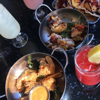 Poor Calvin's - (Top to bottom) Lobster crawfish wontons, deviled eggs with Korean beef, shaky shrimp - Asian Fusion Near Me - Atlanta, Georgia