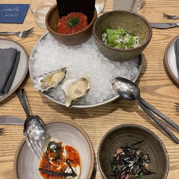 Ernest - First course: Hog island oyster, hon hamachi tartare, oeufs mayo (basically deviled eggs), yellowfin tuna - New American Near Me - San Francisco, California