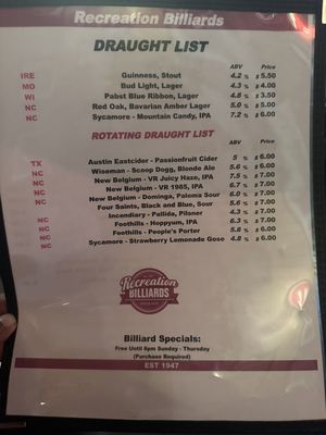 Menu photo 5 Recreation Billards Winston Salem, NC