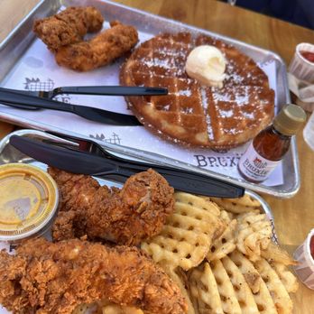Bruxie - Chicken tenders with waffle fries CHICKEN AND WAFFLE - Sandwiches Near Me - Orange, California Bruxie - Chicken tenders with waffle fries CHICKEN AND WAFFLE - Sandwiches Near Me - Orange, California
