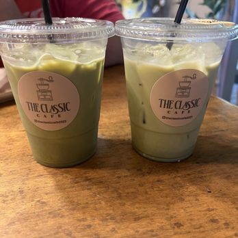 The Classic Cafe - The Matcha Latte and Banana Chacha Latte. He put a sticker on the banana one to differentiate them - Coffee & Tea Near Me - Fullerton, California