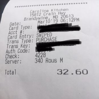 Carolina Kitchen - Bill for 2 meals (2 sides included and 1 cornbread each meal) extra cornbread ordered too which was disappointing. - Soul Food Near Me - Brandywine, Maryland