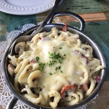 Kurt's Euro Bistro - Spaetzle - German Pasta with shrooms, ham and cheese dumped on top! - Modern European Near Me - Duluth, Georgia