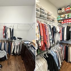 Neat Home Alabama - Before and after of this closet where we added shelves above clothing for her impressive shoe collection!