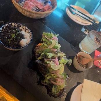 Cantina Paraiso - Grilled Red Snapper Adobo, black beans and white rice, mild salsa, warm corn tortillas and a classic margarita with Tajin rim - Mexican Near Me - Washington, DC, District of Columbia