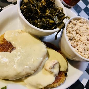 Driftwood Bistro - Wild Georgia Shrimp Cake Collard Greens and Sweet Potato Souffl- (VGT/GF) - Cafes Near Me - Island, Georgia