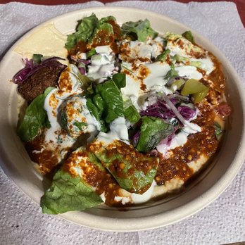 Naf Naf Grill - Chicken shawarma bowl with all toppings with creamy garlic and red sauce. - Falafel Near Me - Schererville, Indiana