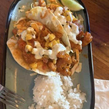 Crabby's Oceanside - Boom Boom Shrimp Tacos with coconut rice - Seafood Near Me - Daytona Beach, Florida Crabby's Oceanside - Boom Boom Shrimp Tacos with coconut rice - Seafood Near Me - Daytona Beach, Florida
