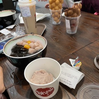 Meet Fresh - Taro Ball Combo A, egg waffles and milk tea with caramel pudding. - Desserts Near Me - Orlando, Florida