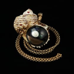 Pake - Hand blown glass marble containing tiny sea shell (by local artist) set into vintage sea shell on brass rolo chain.