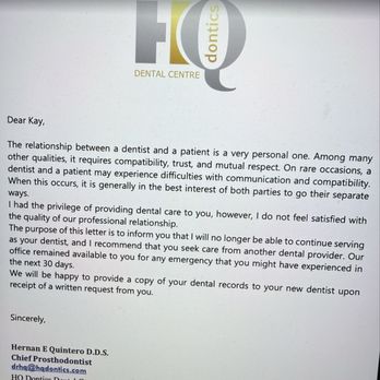 HQ Dontics Dental Centre - Dr. Quintero's Termination of Me as a Patient - Cosmetic Dentists Near Me - Miami, Florida HQ Dontics Dental Centre - Dr. Quintero's Termination of Me as a Patient - Cosmetic Dentists Near Me - Miami, Florida