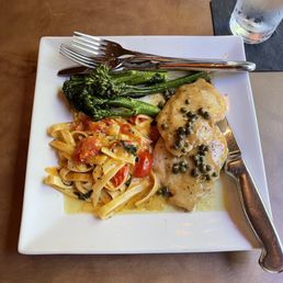 Chicken Piccata, pasta, and veggies. Chicken Piccata, pasta, and veggies.