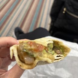 Inside the carne asada with guacamole burrito. Inside the carne asada with guacamole burrito.