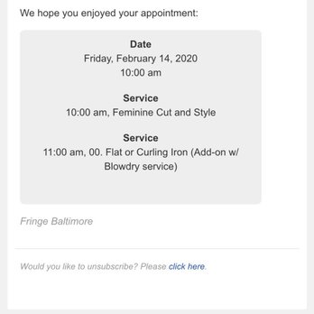 Fringe Baltimore - Example of booking response - Hair Salons Near Me - Baltimore, Maryland Fringe Baltimore - Example of booking response - Hair Salons Near Me - Baltimore, Maryland