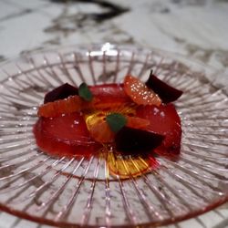 Big eye tuna with beets, blood orange, and lanzhou chili