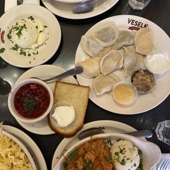 Veselka - Beef Stroganoff (top) Lots of boiled Pierogi (mid right) Borscht (mid left) Olas Famous Veal Goulash (bottom) - Ukrainian Near Me - New York, New York Veselka - Beef Stroganoff (top) Lots of boiled Pierogi (mid right) Borscht (mid left) Olas Famous Veal Goulash (bottom) - Ukrainian Near Me - New York, New York
