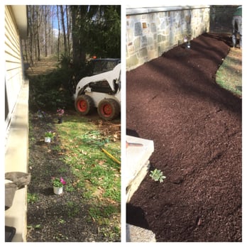 Ecker Lawn Services - two pictures of a garden being cleaned and mulched - Lawn Services Near Me - Finksburg, Maryland