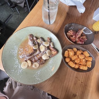 Parkside Restaurant - Banana Foster Challah Bread w/bacon + tater tots| $13 - American Near Me - Raleigh, North Carolina Parkside Restaurant - Banana Foster Challah Bread w/bacon + tater tots| $13 - American Near Me - Raleigh, North Carolina