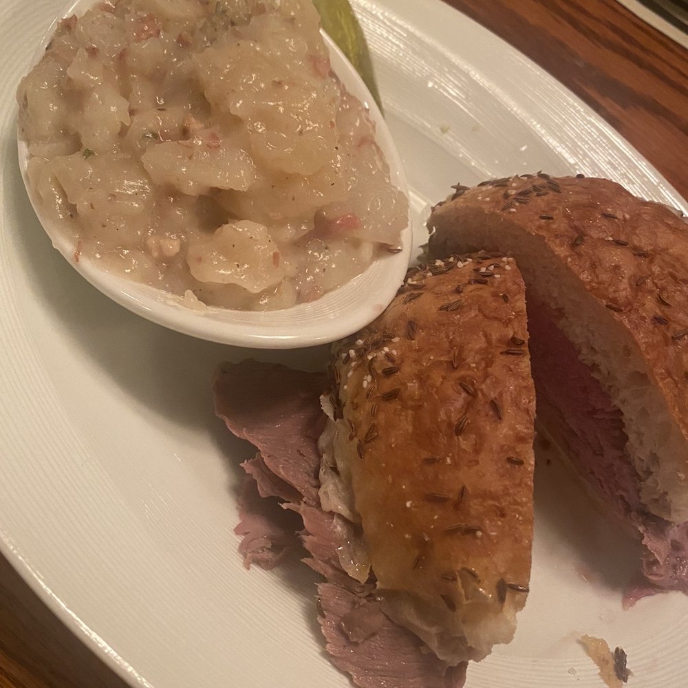 Beef'n Barrel - Beef on wick with German potato salad - Steakhouses Near Me - Olean, New York