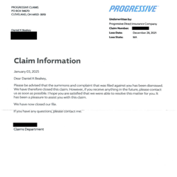 Resmini Law - My insurance company's letter to me confirming the fact that Wayne has dropped the case against me.